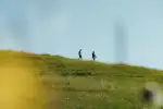 Zwei Personen gehen auf einem grünen Hügel unter einem klaren Himmel