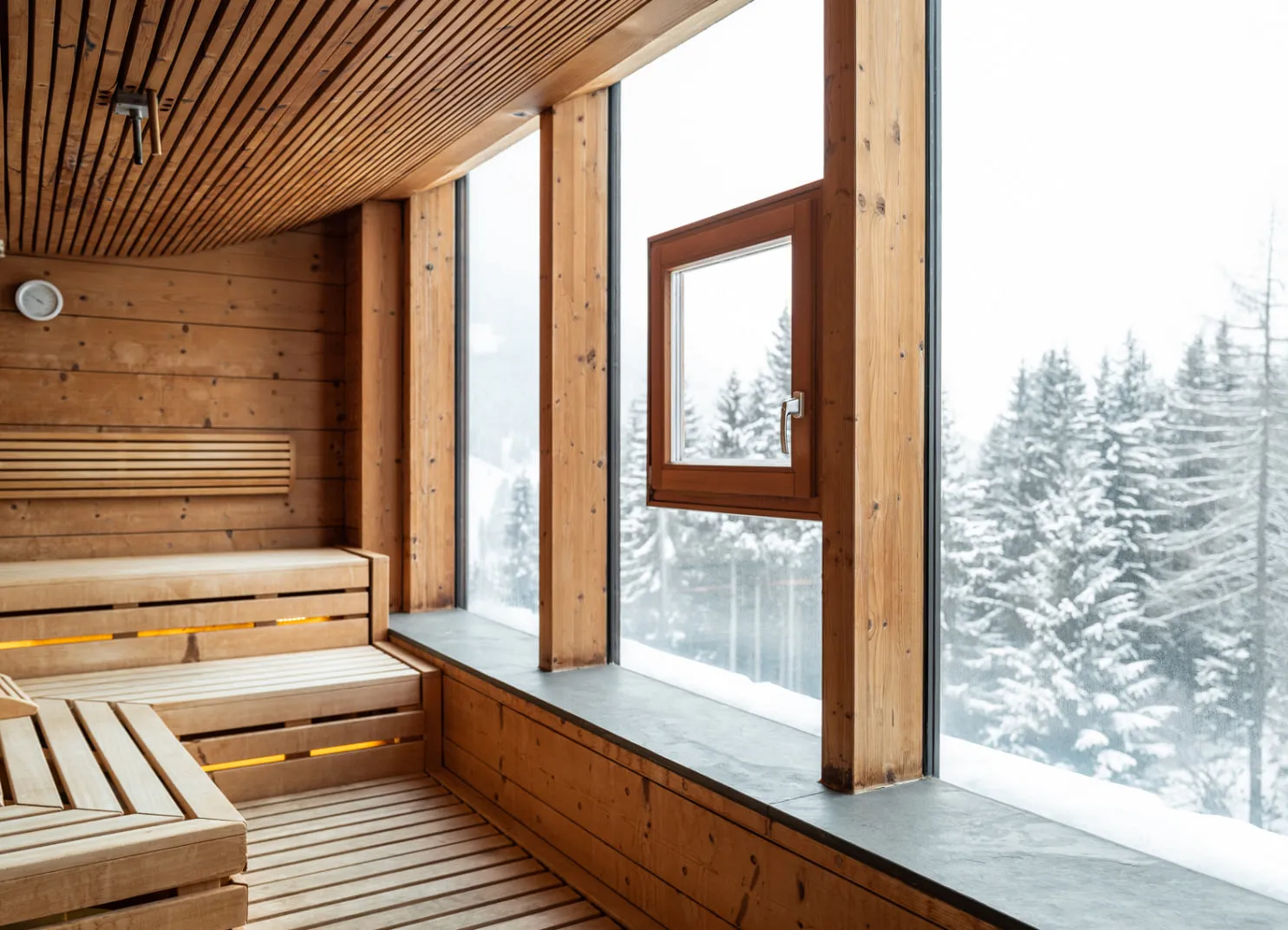 Wooden sauna with window view of snowy trees