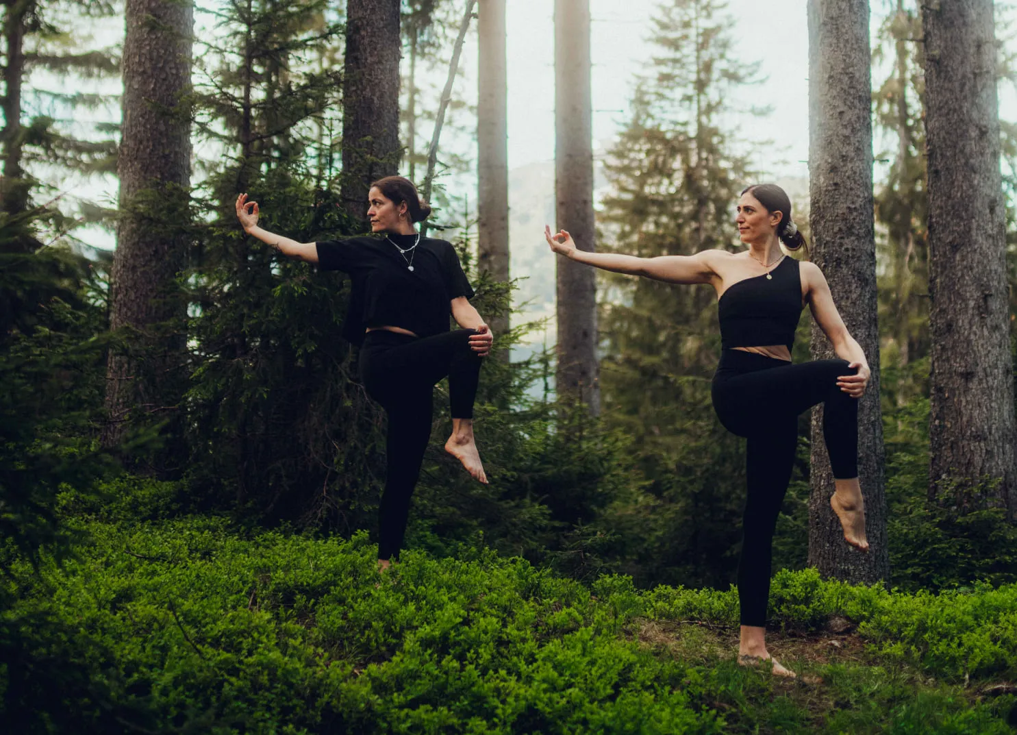 Two dancers in a forest, both in black clothing, striking creative poses.