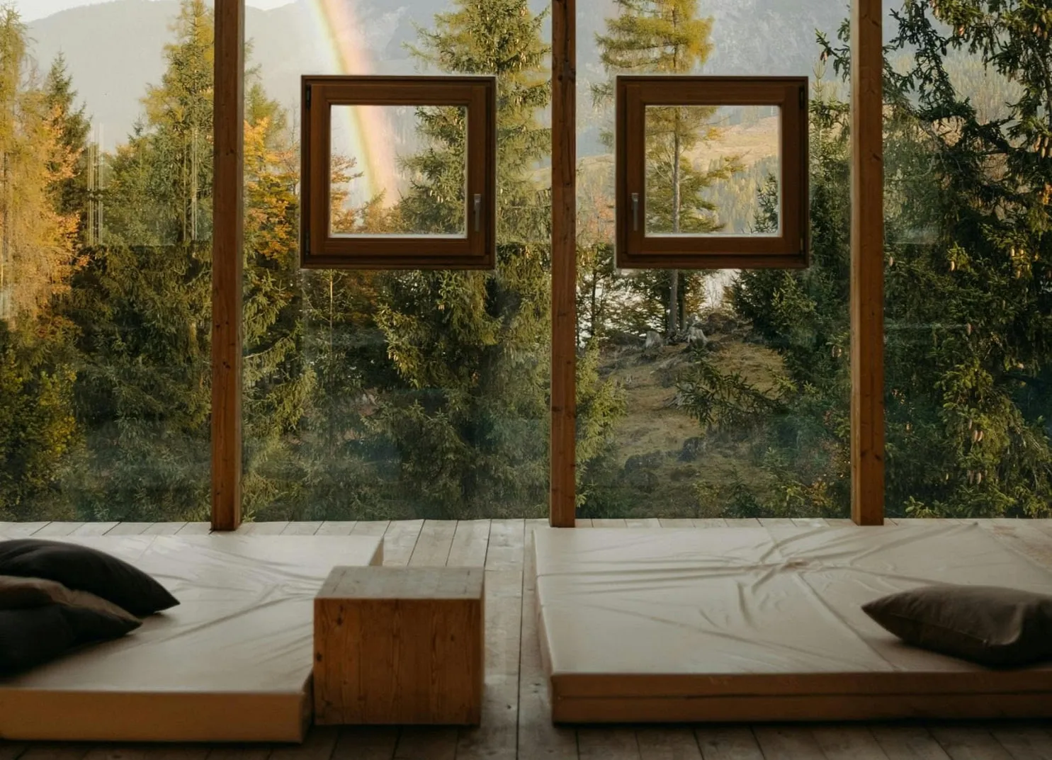 Modern interior with wooden furniture and large windows overlooking trees