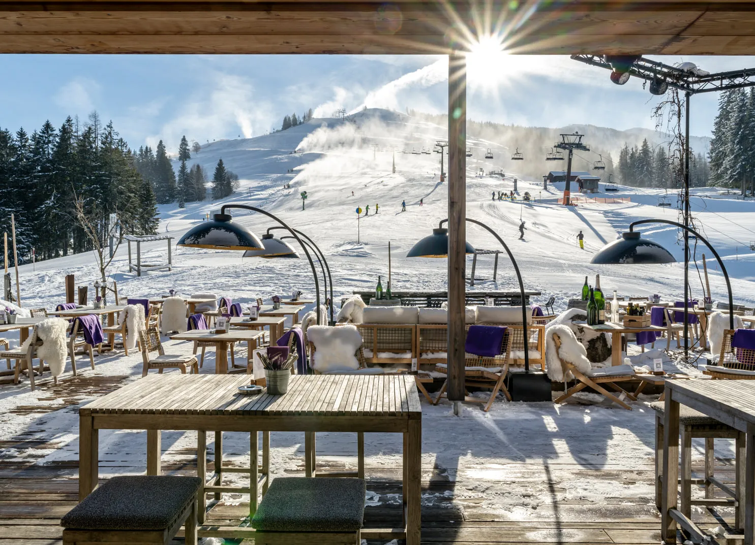 Terrace of Holzhotel Forsthofalm overlooking ski area and lifts