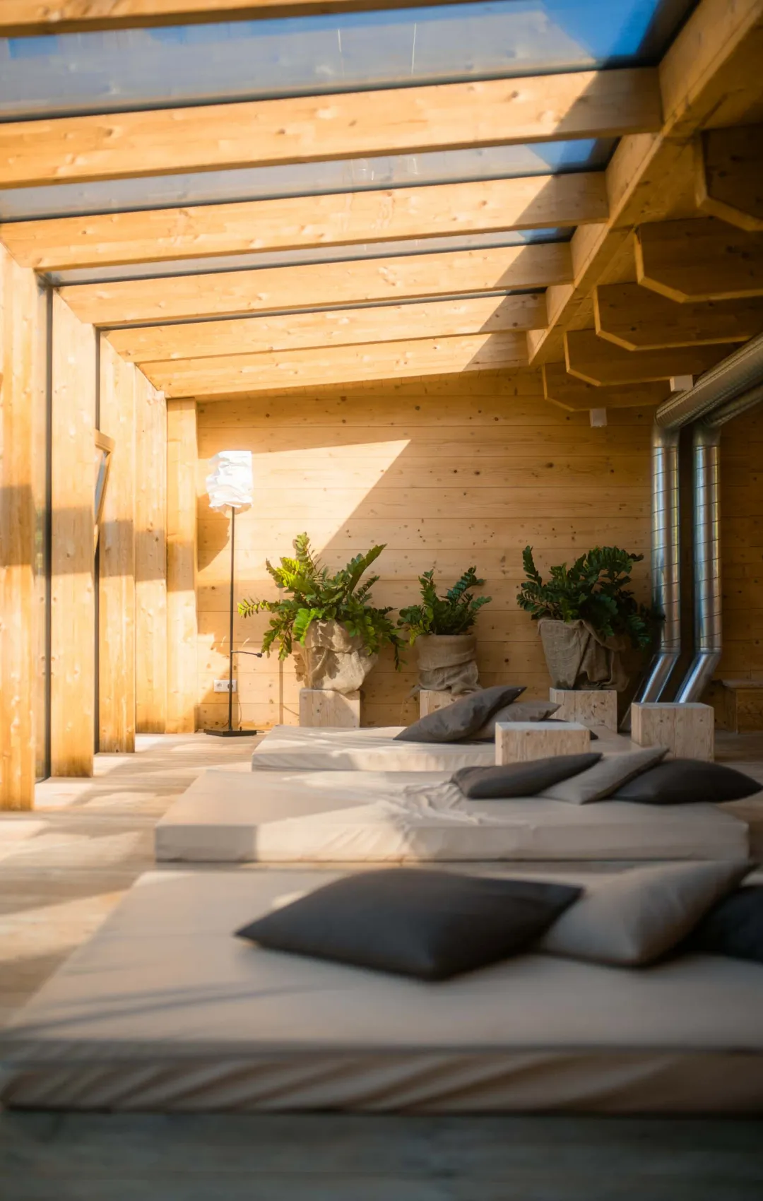 Interior of a wooden hotel with cushioned loungers and plants