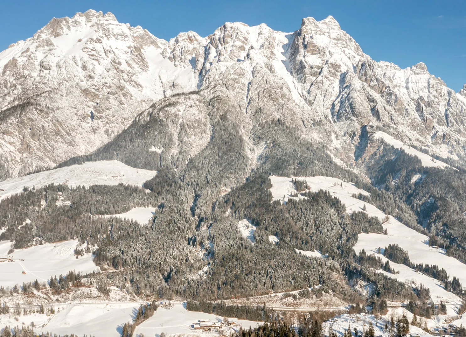 Schneebedeckte Berge um das Holzhotel Forsthofalm in Leogang