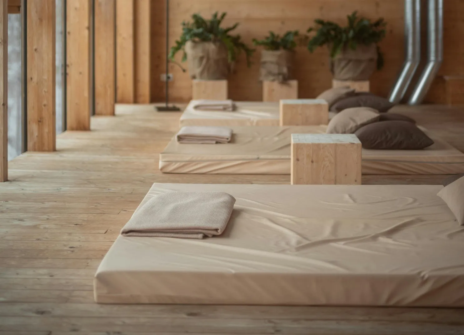 Holzinterieur mit Betten, Kissen und Pflanzen